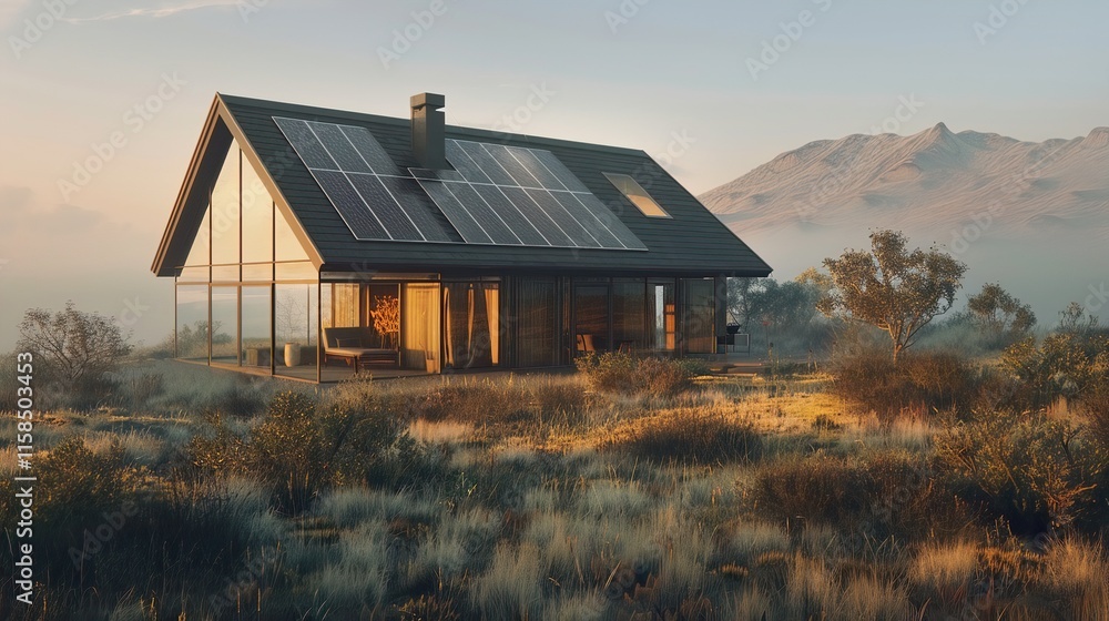 The image shows a minimalist, off-grid house in a desert landscape. The flat roof is covered with solar panels, and sunlight streams through large glass windows, creating a sustainable design. The image shows a minimalist, off-grid house in a desert landscape. The flat roof is covered with solar panels, and sunlight streams through large glass windows, creating a sustainable design.