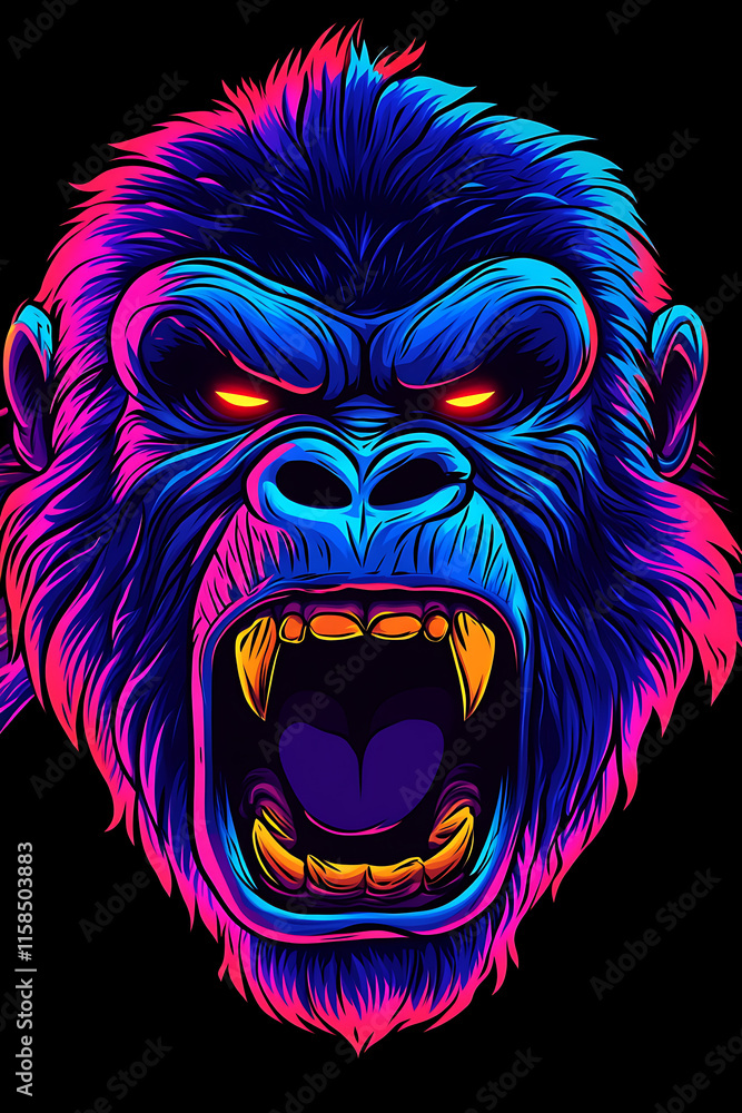 A vibrant, stylized illustration of a roaring gorilla's head with neon colors. A vibrant, stylized illustration of a roaring gorilla's head with neon colors.