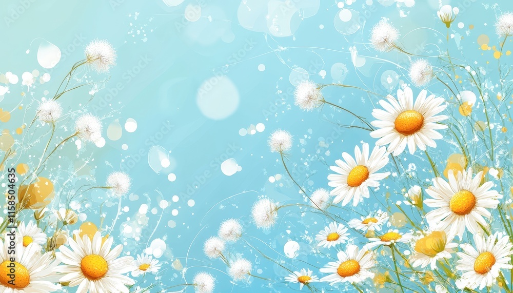 Obraz premium Daisies and Dandelions on a Light Blue Background
