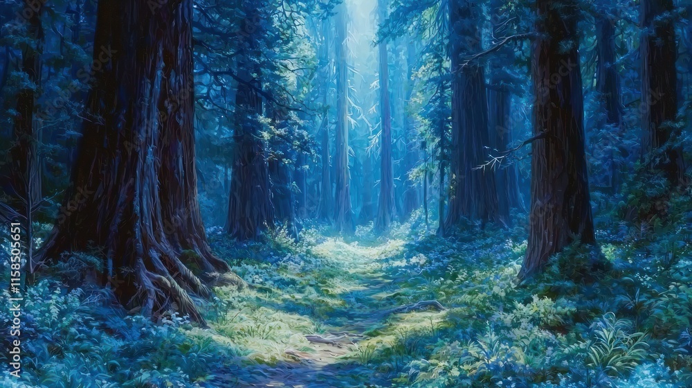 Fototapeta premium Sunlit path through a mystical blue forest.