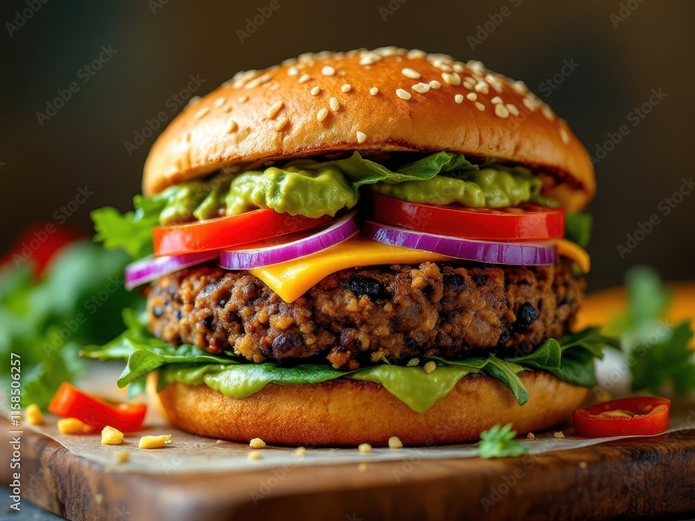 Juicy and flavorful burger with fresh toppings and a sesame bun, emphasizing a classic and tempting fast food option. Suitable for food blogs, restaurant advertising, or fast food promotions. Juicy and flavorful burger with fresh toppings and a sesame bun, emphasizing a classic and tempting fast food option. Suitable for food blogs, restaurant advertising, or fast food promotions.