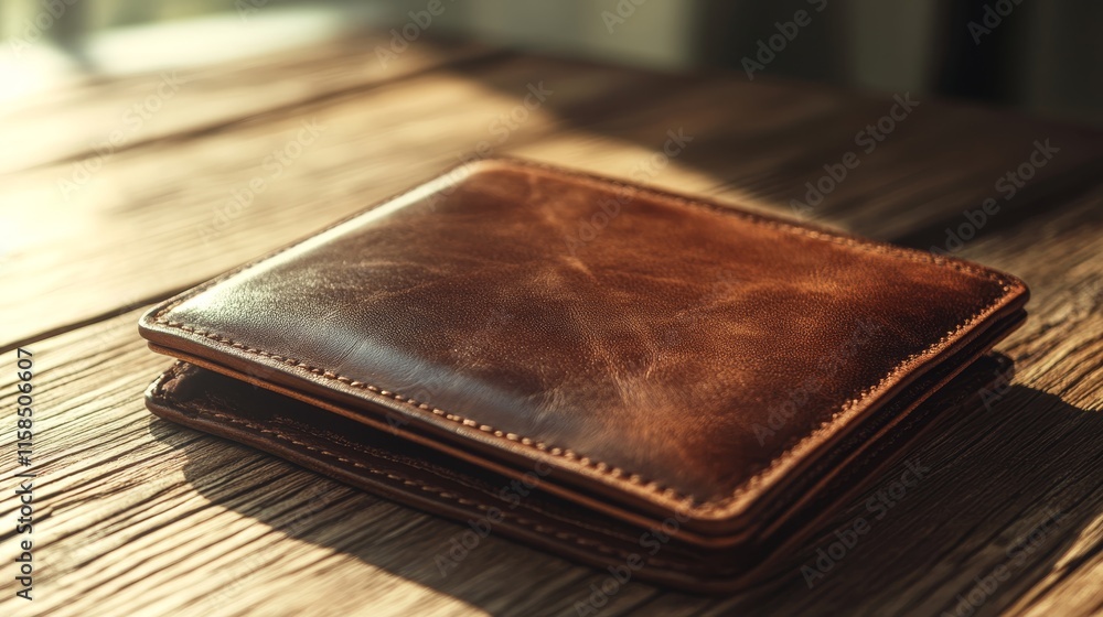 A brown leather wallet resting on a wooden surface, showcasing its texture and craftsmanship.