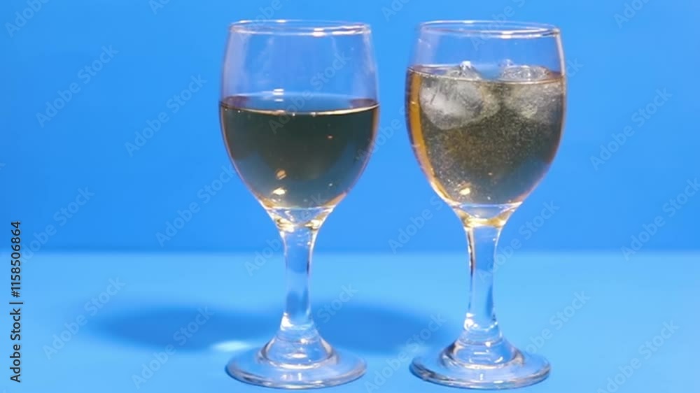 Ice Cubes Falling into Glasses of Wine on Blue Background, Slow Motion Ice Cubes Falling into Glasses of Wine on Blue Background, Slow Motion