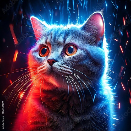 Illustration glowing british short hair cat munchkin with blue and red sparks, Generative AI photo