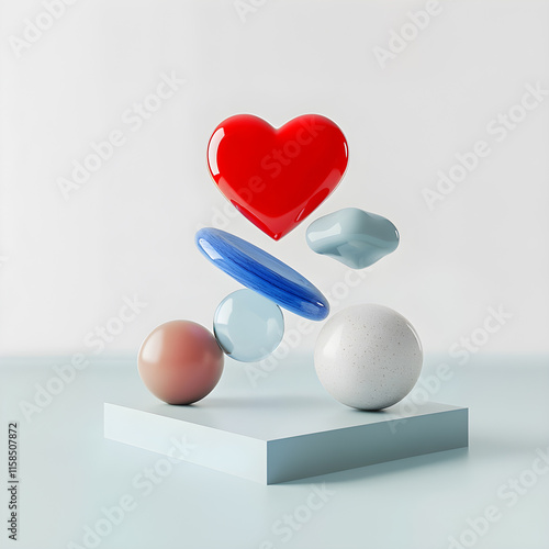 Abstract ceramic balanced minimalistic composition with red heart, balance of mind and heart, Valentine's Day concept, formula of love