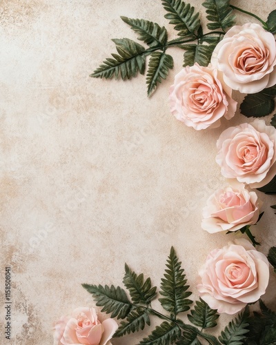 Pale Pink Roses and Fern Leaves on Beige Background