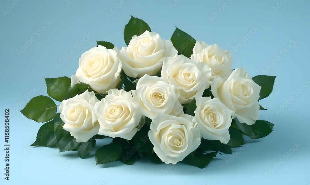 Elegant arrangement of fresh white roses against a blue backdrop Minimalist floral design , Generative AI 