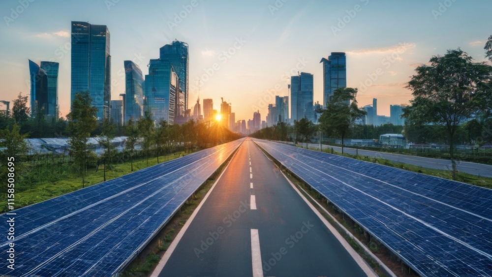Solar panellined road flanked by greenery, with city skyline and setting sun in the background, creating a peaceful scene. Solar panellined road flanked by greenery, with city skyline and setting sun in the background, creating a peaceful scene.