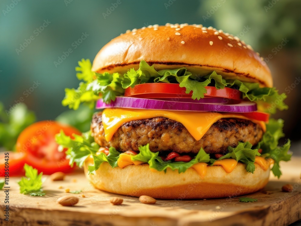 Appetizing burger with fresh toppings and a sesame bun, creating a classic and tempting fast-food option. Ideal for food blogs, restaurant promotions, or fast food advertising. Appetizing burger with fresh toppings and a sesame bun, creating a classic and tempting fast-food option. Ideal for food blogs, restaurant promotions, or fast food advertising.
