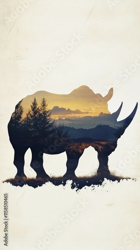 A rhinoceros silhouette filled with a rugged landscape, showcasing the resilience and ancient presence of nature. photo