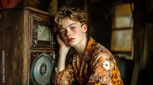 A young individual enjoys quiet time near an old radio photo