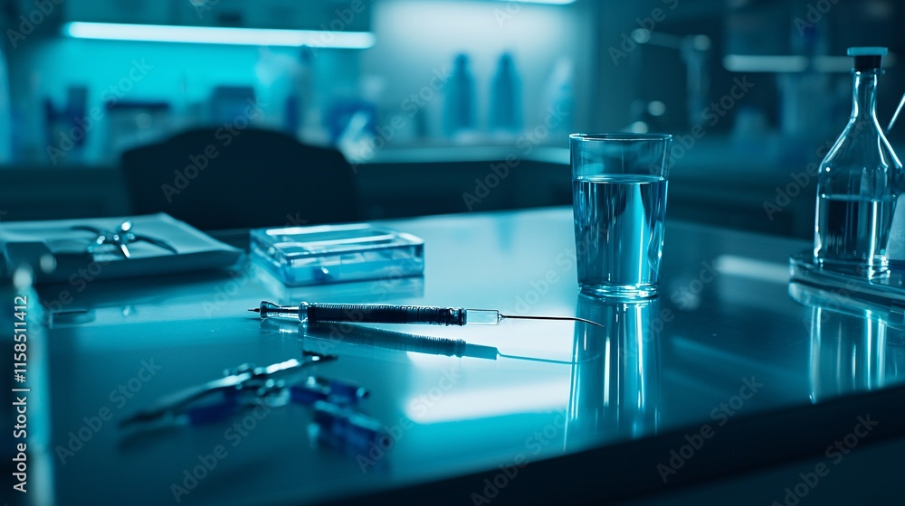 A photostock of a close-up of a surgical scalpel and tools on a tray A photostock of a close-up of a surgical scalpel and tools on a tray