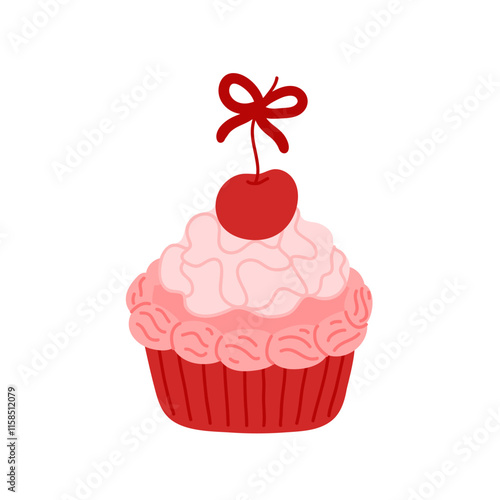 Coquette cupcake decorated with whipped cream, cherry berry, cute bow. Sweet muffin in red paper cup. Baked dessert, small cake. Flat vector clipart