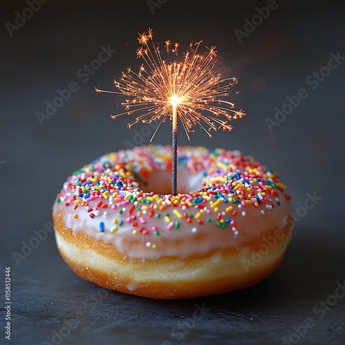 A tiny donut with colorful sprinkles shaped like fireworks