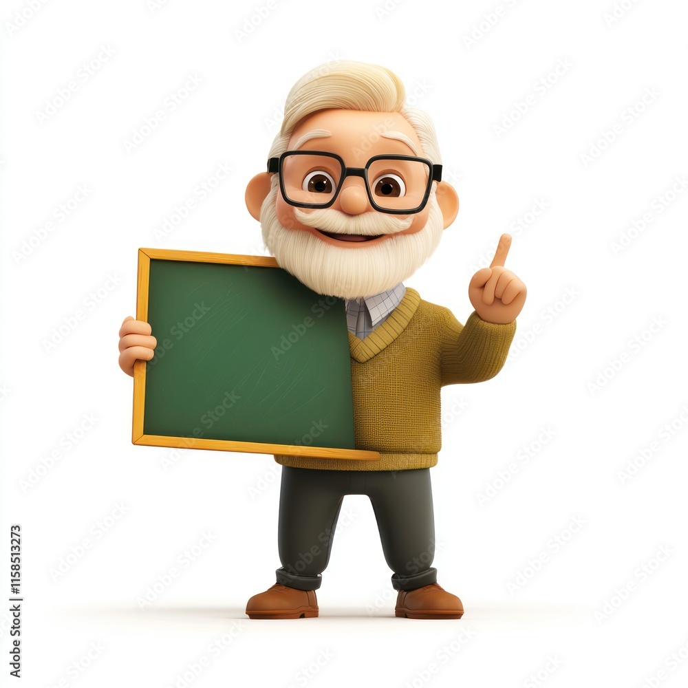 A friendly teacher with glasses and a chalkboard. vector style art 3d illustration Isolated on White Background A friendly teacher with glasses and a chalkboard. vector style art 3d illustration Isolated on White Background