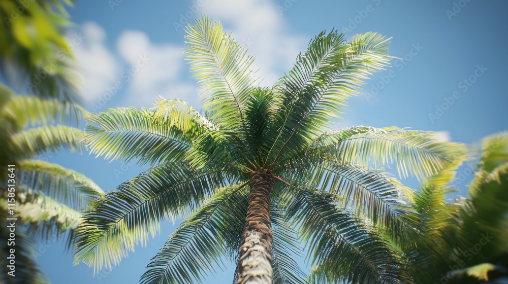 Fototapeta premium Low angle view of palm trees against a sunny sky.