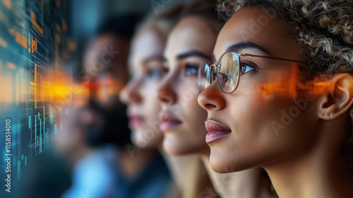 diverse group of modern people's faces，thoughtful expression, surrounded by blurred questionnaires and charts, survey insights,fincial, technology and connection concept photo