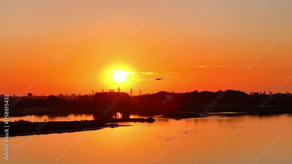 Rotterdam skyline glowing in the sunset as silhouettes of birds reflect on shimmering water as drone approaches, backlit Rotterdam skyline glowing in the sunset as silhouettes of birds reflect on shimmering water as drone approaches, backlit