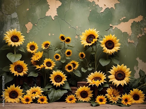Elegant wedding and maternity backdrop photo featuring sunflower on broken wall