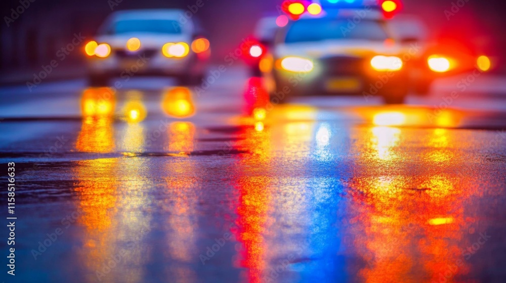 Police car lights flashing in a busy urban environment, symbolizing vigilance and security in maintaining public order. Police car lights flashing in a busy urban environment, symbolizing vigilance and security in maintaining public order.