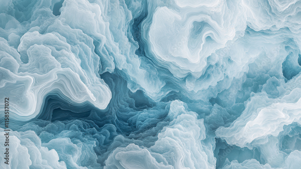 Naklejka premium A moody texture of heavy clouds in cool silver and icy blue tones, sharp contrasts with subtle highlights, the background evoking an approaching storm over a vast horizon