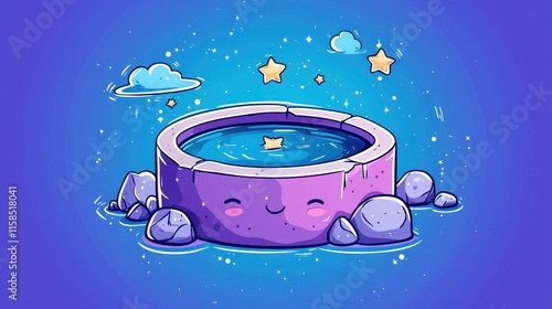 Cute Cartoon Wishing Well Stars Clouds Night Sky Fantasy Illustration photo