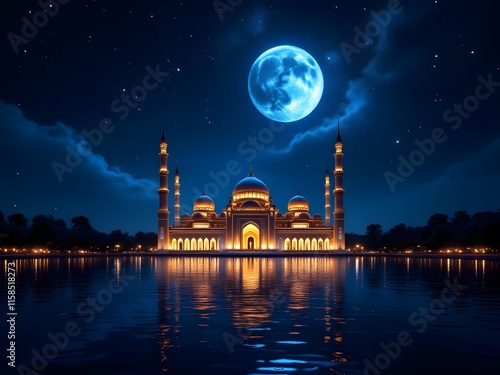 Illuminated Mosque Night Scene Large Moon Calm Water Reflection photo