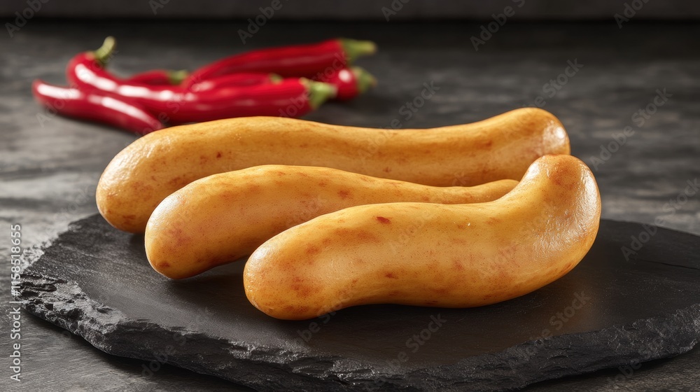 Three Organic Fingerling Potatoes on Black Slate Three Organic Fingerling Potatoes on Black Slate