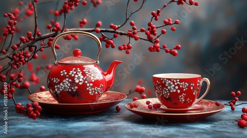 Wallpaper Mural Celebrating chinese new year with a traditional chinese tea set against a festive background realistic presentation Torontodigital.ca