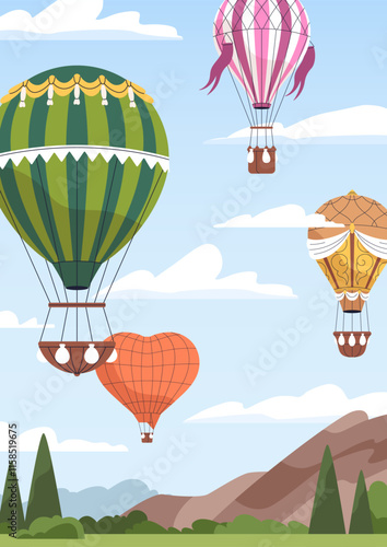 Hot air balloons flying in sky, card. Aerostats in flight, soaring over mountains, nature landscape, vertical poster background. Aerial adventure, travel in clouds. Flat vector illustration
