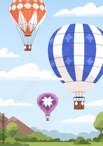 Hot air balloons in sky, poster. Aerial trip, adventure in aerostats. Flying in clouds, vertical card background with airships travel, soaring over nature landscape. Flat vector illustration