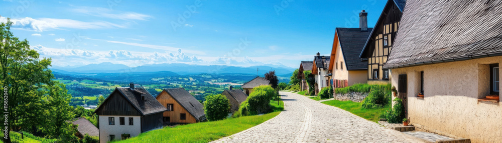 rustic village countryside with cobblestone streets and scenic views. charming houses are surrounded by lush greenery and rustic village countryside with cobblestone streets and scenic views. charming houses are surrounded by lush greenery and