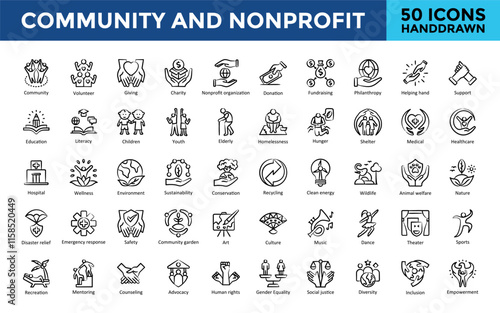 Community and Nonprofit icons set with Community, Volunteer, Giving, Charity, Nonprofit organization ,Donation, Fundraising, Philanthropy, Helping hand, Support icon. Simple handdrawn vector 
