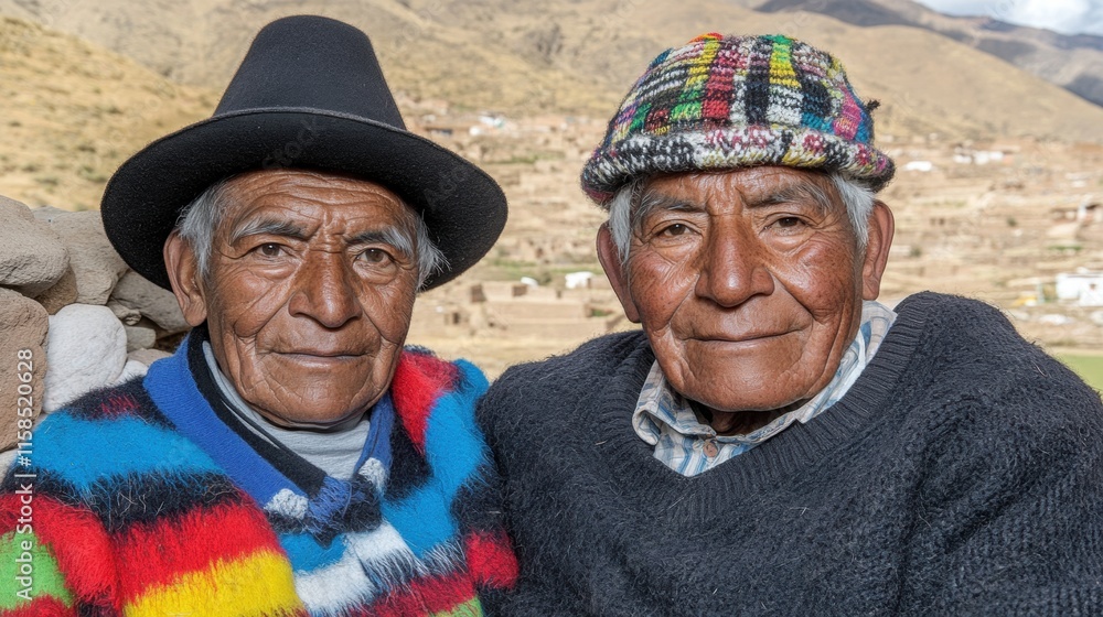 Portrait of Two Elderly Andean Men in Traditional Clothing Portrait of Two Elderly Andean Men in Traditional Clothing