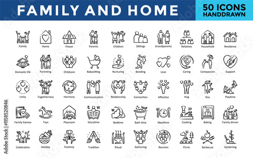 Family and Home icons set with family, home, house, parents, children, siblings, grandparents, relatives, household, residence icon. Simple handdrawn vector 
