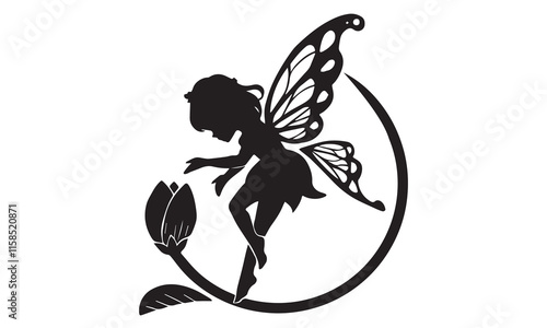 Flying fairy silhouette. Little creature with wings. Magical fairy logo. Mythical tale character in dress