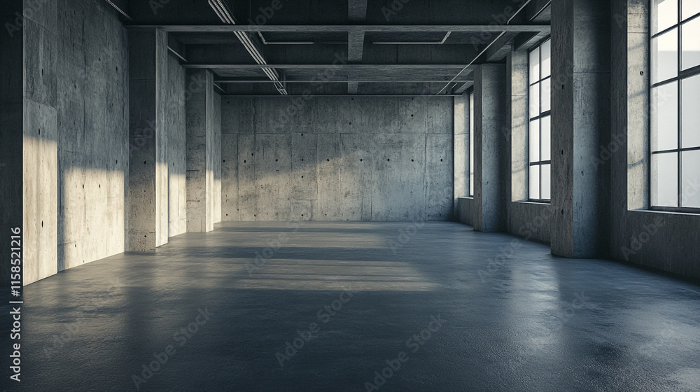 Spacious industrial interior with concrete walls and large windows in modern setting Spacious industrial interior with concrete walls and large windows in modern setting