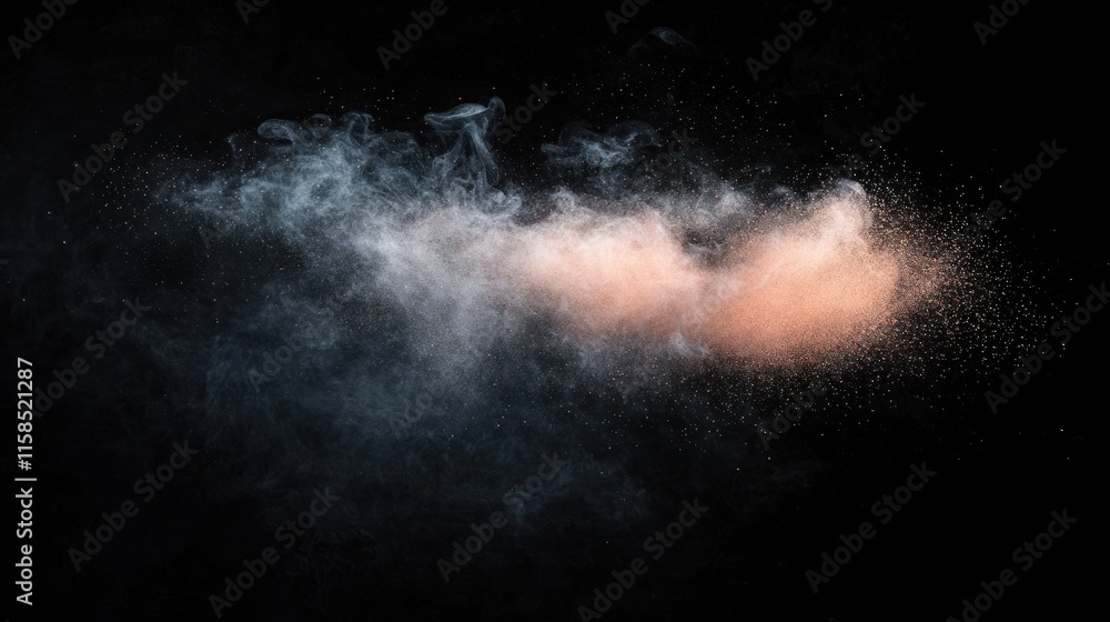 Fototapeta premium A swirling cloud of colorful powder against a dark background, creating a dynamic visual effect.