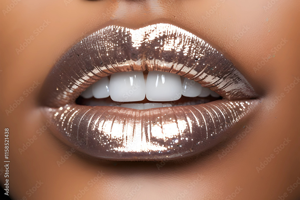 A woman's mouth is painted with white lip gloss with glitter A woman's mouth is painted with white lip gloss with glitter