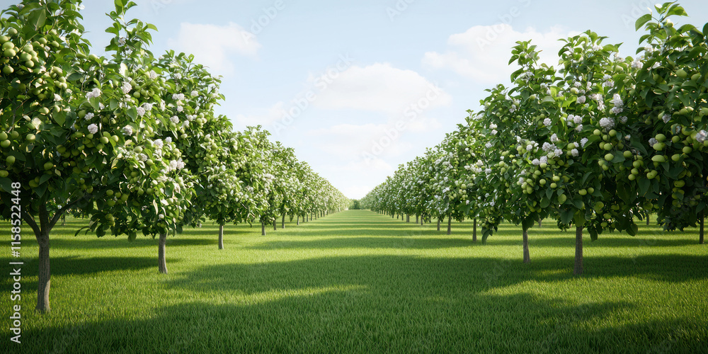 Obraz premium serene orchard in spring with fruit trees in full bloom, showcasing vibrant greenery and blossoms