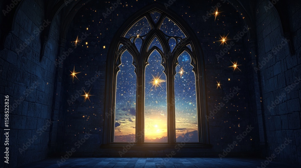 Fototapeta premium Gothic window with sunset and stars.