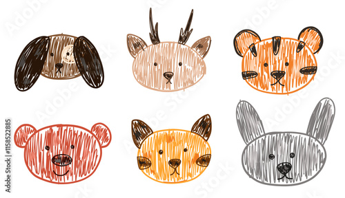 Set of cute animal faces drawing with pencil texture