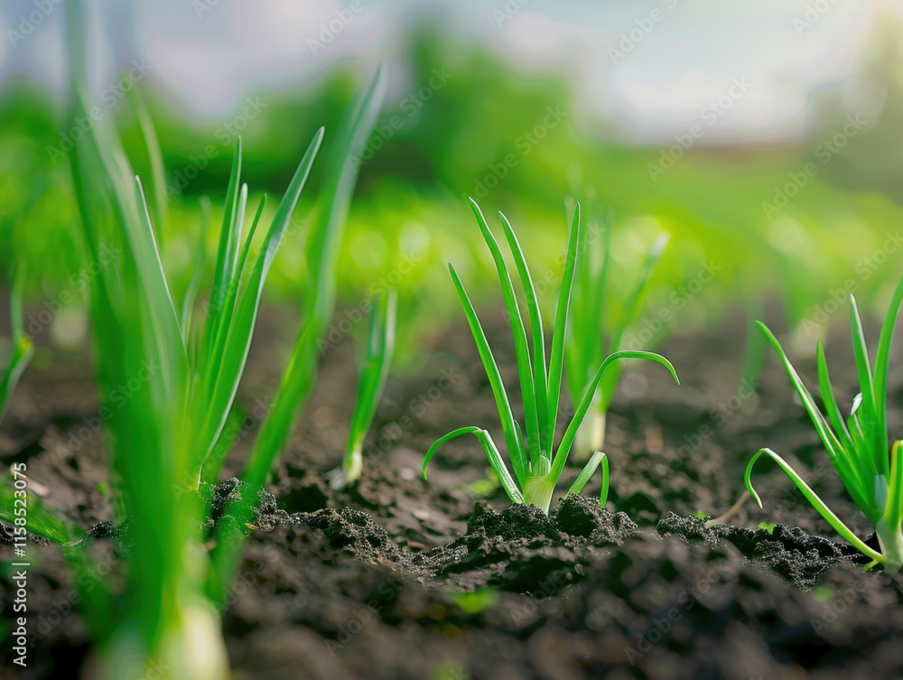 Young Onion Plants Thriving in Fertile Farm Soil Young Onion Plants Thriving in Fertile Farm Soil