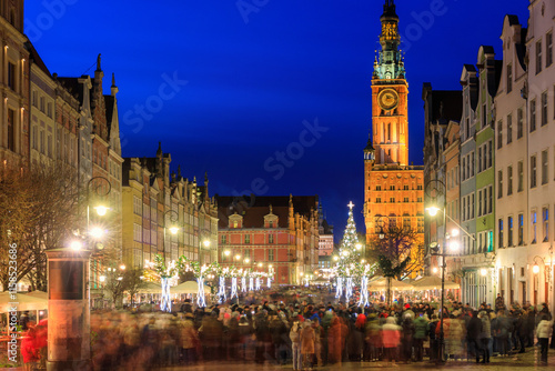 Beautiful Christmas tree in the old town of Gdansk at dusk. Poland photo