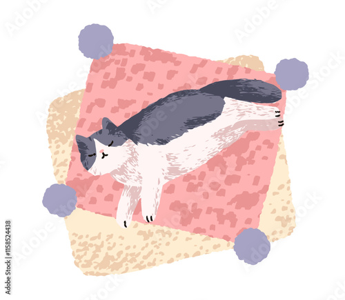 Cute cat asleep, relaxing and sleeping on cushion. Kitty lying on pillow, enj...
