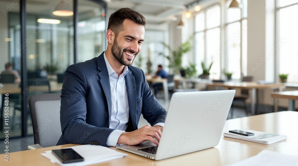 Confidently Focused: A young professional, exuding confidence and focus, works diligently at his laptop in a modern office environment. Confidently Focused: A young professional, exuding confidence and focus, works diligently at his laptop in a modern office environment.
