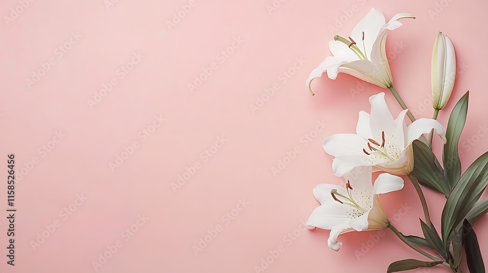 Three white lilies on a pink background. Three white lilies on a pink background.