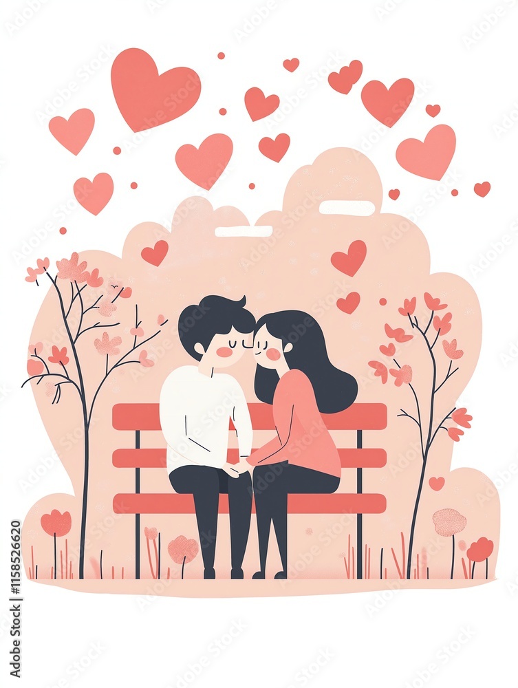 Couple Kissing in Spring Park: A Romantic Illustration Couple Kissing in Spring Park: A Romantic Illustration