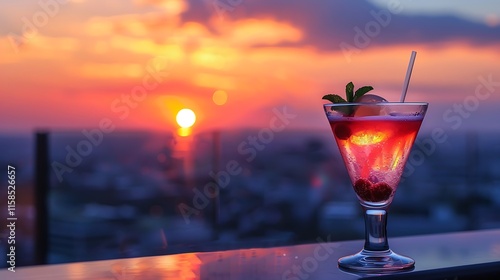 A cocktail enjoyed at a rooftop bar with a stunning sunset view