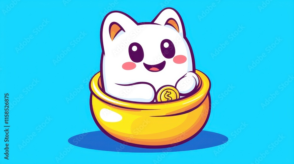 Fototapeta premium Cute Cartoon Cat Saving Money in Gold Bowl Finance Wealth Savings Adorable Childish Illustration